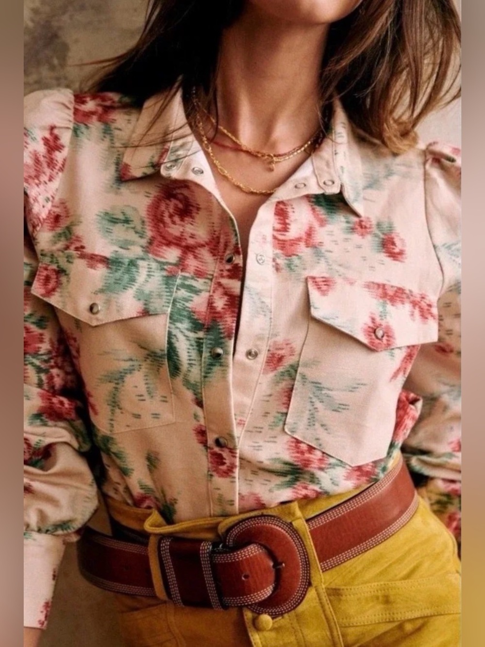 Sezane Claudia Linen Snap Button Pink Floral Top Antique Flowers 36 US 4